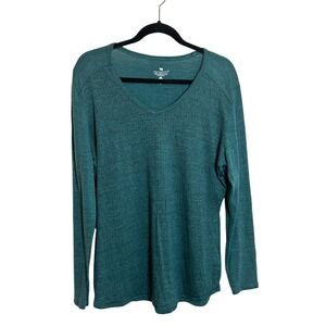 SEGMENTS Merino Wool Long Sleeve V Neck Top Siez XL Green Leaf Print Layering